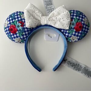 Disney Parks Blue Floral with red roses Country style Minnie Mouse Ears NWT